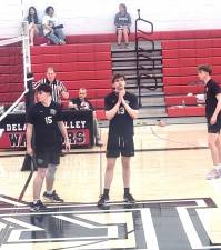 DV boys’ varsity volleyball secured another win on May 3. L-R: Jack Greening, Aidan Papula, and Tom Parker.