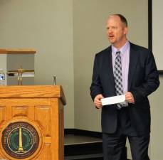 PHOTOS BY VERA OLINSKI Curriculum and Instruction Director Seamus Campbell welcomes the New Jersey Technology and Engineering Educators Association to High Point Regional High School.