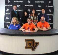 L-R Front: Valerie Moyer, senior Dominick Moyer, and David Moyer. L-R Back: Superintendent Dr. Brian Blaum, Assistant Superintendent Dr. Nicole Cosentino, guidance counselor Mrs. Molly Blaut, and head wrestling coach and high school Principal Mr. Lou DeLauro.