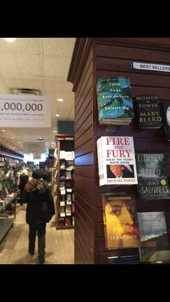 Photo courtesy of Shakespeare and Co. “Fire and Fury: Inside the Trump White House” on display at a bookstore