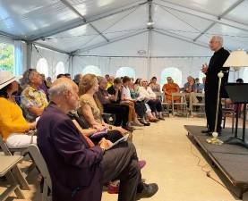 Cellist Yosif Feigelson, who also is founder and artistic director of the Kindred Spirits Arts Programs, addressing the audience at Grey Towers prior to the Ukrainian Romantics Concert. Photos by Marilyn Rosenthal.