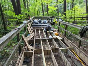 The NPS Trail Crew makes repairs to the Dingmans Falls Boardwalk Trail during the summer of 2022. Work continues in 2023. Photo provided by the National Park Service.