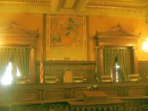 Judges' seats in the Pennsylvania Supreme Court's chambers in the Pennsylvania State Capitol (Ruhrfisch/Wikipedia/Creative Commons)