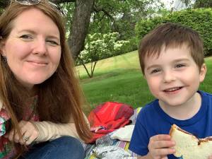 Tracie and SJ Rohner enjoy peanut butter and jelly at a Grey Towers picnic