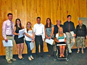 DV scholarship winners pictured from the left:&#160; Brandon Angradi, Jen Siggia, Amanda Dibble, Andrew Corry , Samantha Roa, Attorney Elizabeth A. Erickson Kameen (PCBA President), Amanda Hutchison (in front), Matthew White, and presenter, Mrs. Miriam Siegel.