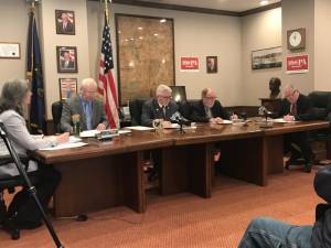 (L-R) Clerk Krista Gromalski, Commissioner Ronald R. Schmalzle, Commissioner Matthew M. Osterberg, Commissioner Tony Waldron, and County Solicitor Thomas F. Farley during the Pike County Commissioners meeting on March 1, 2023.