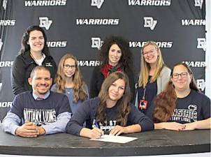 Pictured (left to right: front row) – Mr. Evan Bates, senior Jazmyne Bates and Mrs. Melissa Bates; (left to right: next row) – Head coach Karley May, sister Aliya Bates, high school principal Dr. Nicole Cosentino and guidance counselor Crystal Ross