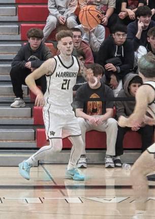 Delaware Valley High School senior guard Tyler Lombardo passes the ball in a game at home against Pike County rival Wallenpaupack on Jan. 9.