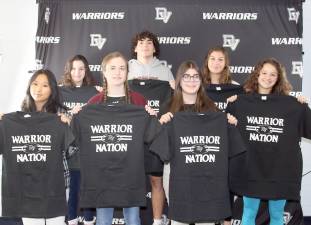Left to right: back row: Julianna Hopper, Student of the Month, grade 9, daughter of Darryl and Lisa Hopper, of Shohola; Paulie Weinrich, Athlete of the Month, grade 12, son of Paul and Kristen Weinrich, of Matamoras; Jazmyne Bates, Athlete of the Month, grade 12, daughter of Evan and Melissa Bates, of Milford. Left to right, front row: Abby Zimmerman, Fine Arts Student of the Month, grade 11, daughter of Mike Zimmerman and Margaret Lutz-Zimmerman, of Milford; Hallie Balogh, Student of the Month, grade 11, daughter of Blair and Julie Balogh, of Milford. Denhalter, Student of the Month, grade 12, daughter of Scott Denhalter and Elizabeth Arniella, of Dingmans Ferry. Not pictured: Ella Carroll, Student of the Month, grade 10, daughter of Paul Jasso, of Matamoras; Lauren Hoffman, Achievement Award, grade 9, daughter of Jim and Alisa Hoffman, of Milford.