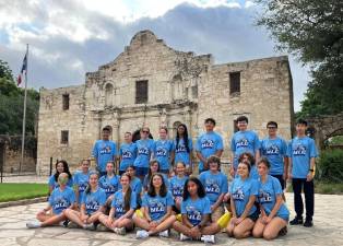 Members of Delaware Valley High School, Delaware Valley Middle School and Dingman Delaware Valley Middle School at the Alamo in San Antonio, Texas, during the Future Business Leaders of America Inc.’s National Leadership Conference. Beginning in the back row, pictured are: Eduardo Arias, Lindsey Smyser, Kim Smyser, Emma Simmons, Vidhi Patel, Joe Benavides, Ryan Warfsman, Mattias Itjen and Geunhyeok Choi; in the middle row are: Patty Chen, Jodie Harrison, Gia Cosentino, Isabella Bailey, Mayah Amici, Maryah Nuhn, Nathan Marx, Jay Hoar, Isabella Faust and Alexandria Tsiattalos; in front are: Grace Holderith, Elizabeth Bailey, Gracie Stoveken, Ava Troup and Skarlet DePutron. Photo provided by Leslie Lordi/Delaware Valley School District.