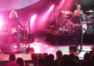Roland Orzabal (l), Curt Smith and drummer Jaime Wollam of the popular 1980s band, Tears for Fears, performed at Bethel Woods Center for the Arts on Wednesday, July 5, 2023.