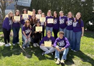 DVHS student journalists at the Tom Bigler Journalism Conference. Front row - Mike Iuzzolino and Lucas Petersheim. Middle row - JoeiMarie Cohen and Ashantia Dicette. Behind the middle row - Chloe Simonson and Emma Simmons. Back row - Vanessa Dispoto, Kaitlin Gelardi, Jaida Palacios, Reilly Newton, Lily Stoveken, Kimberly Smyser, Ella Becker, Josie Lordi, Keira LeMay and Lilian Seibert.
