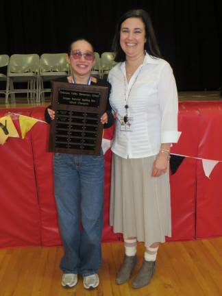 Fifth grade spelling bee winner Norah Jaludi with DVES Principal Mary Ann Olsommer.