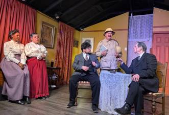 From left: “Arsenic &amp; Lace” cast members Deborah Green (as Martha Brewster) Lisa Ferrara (Abby Brewster), Anthony Ur (Dr. Herman Einstein), Tom Dolan (Teddy Brewster/Teddy Roosevelt), and Gary Dolgoff (Jonathan Brewster). Photo provided.