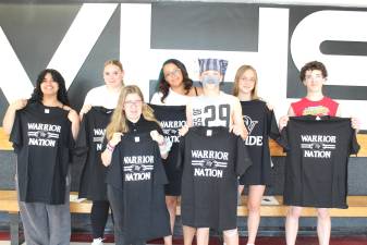 Several of DVHS May Students of the Month show off their Warrior Nation t-shirts. (Left to right – front row) Jasmyn Ruzzano and Jameson Kirschner.<b> </b>(Left to right –back row) Gianna Rodriguez, Samantha Baumann, Isabela Stahlman, Lily Red and Beau Tannenbaum