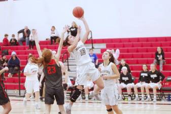 Delaware Valley's Mackenzie Olsommer leaps skyward during a shot attempt in the third quarter. Olsommer scored 19 points.