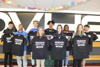 Delaware Valley High School Students of the Month of February (l-R): Logan Olsommer, Ray Polhill, Erik Fass, Andrea Boronow, Je’Maryo Keith Sublett, Ashlyn Oliver, Anaya Ruiz, Kaitlin Gelardi, and Wil Salus.