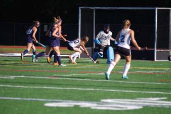 Delaware Valley's Kara Gearhart (10) strikes the ball that made it into the goal post for a score in the first period.