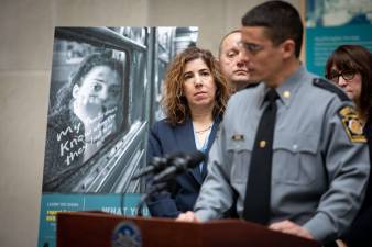 Leslie Richards, Secretary of the Pennsylvania Department of Transportation, and Captain Derrick Baker, director of the Pennsylvania State Police's Special Investigations Division, at the Jan. 7 press conference (Photo provided)