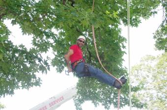 An arborist from Sequoia Tree Services in Dingmans Ferry is properly harnessed as he dangles high in the air during a demonstration.