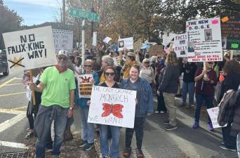 A crowd holds signs during the No Kings protest rally at the courthouse in Milford on Sat. Oct. 18.