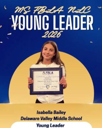 Isabella Bailey, representing the Delaware Valley Middle School, accepts her award as FBLA Young Leader.