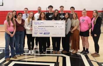 Back row - Justine Eichner (Iron Valley Real Estate Tri-State), Dr. Jayson Pope, coach Kris Holtzer, senior Ben Ioffe, senior Tyler Lombardo, junior Lucas Petersheim. Front row - Senior Julia Boronow, senior Angela Olsen, senior Adeline Handy, Cindy Delaney (American Cancer Society), junior Josie Lordi, junior Brooke Palmeri, Mrs. Krystine Thompson, coach Mikaela Smith, senior Brianna Waldron.