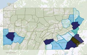 Coronavirus cases in Pennsylvania (darker blue = more cases)