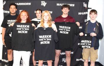 The DVHS March Students of the Month: (Left to right: back row) Derrick Harris, Student of the Month, Grade 11, son of Derrick and Laura Harris of Dingmans Ferry, Emma Jacobs, Fine Arts Student of the Month, Grade 12, daughter of Paul and Tonya Jacobs of Milford, Liam Onofry, Athlete of the Month, Grade 12, son of William and Jennifer Onofry of Shohola, Jacob Kutschera, Student of the Month, Grade 9, son of Timothy and Alison Kutschera of Shohola. (Left to right: front row) Savannah Liz, Athlete of the Month, Grade 11, daughter of Dorothy Geib of Dingmans Ferry, Kayla Snyder, Student of the Month, Grade 10, daughter of Dale and Jennifer Snyder of Shohola. Not pictured: Jackson Hancock, Student of the Month, Grade 12, son of Matthew and Jodi Hancock of Milford, Aiden Linehan, Achievement Award, Grade 9, son of Shawn Linehan of Matamoras, Nayda Bermudez Viccica, Career Tech Student of the Month, Grade 11, daughter of Samuel and Cathy Bermudez of Milford.