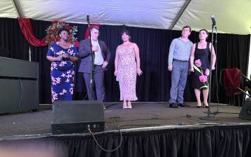 Left to right: Soprano Jasmine Rose, Tenor Ryan Michi, Mezzo-Soprano Maiya Williams, Bass-Baritone Dylan Gregg, and Soprano Emily Margevich.