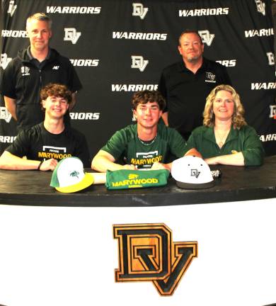 Jesse Hawke commits to playing baseball at Marywood University. Front row (L-R): Brother Lawson Hawke, Jesse Hawke, and Beth Hawke. Back row (L-R): Athletic director and former coach Sean Giblin and head coach Mike Murray.