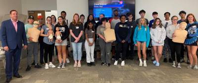 Orange County Executive Steven M. Neuhaus with students who participated in the CPR training on Aug. 3. Photo provided by Orange County.
