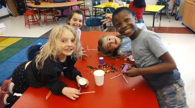 L-R: DVES students Wynter Maher, Lyla Tino Layla Schuller and Jaxon Wells learn about bird beaks.