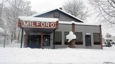 The Milford Theatre during the storm (Photo by Frances Ruth Harris)