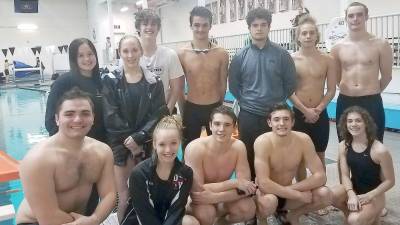 The Delaware Valley Varsity swimming and diving seniors, bottom row (from left): Robert Riccio, Shannon Deignan, Damian Baranowski, Luke Stevens, Jilian Cruz; top row: Morgan Liebson, Taylor Ristaino, Jack Lutfy, Brandon Ciralli, Joel Loomis, Izaiah Berrios, Aedan Walter