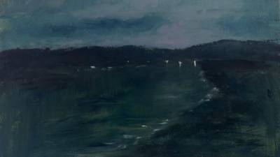 Darkness at the Edge of Town, a new painting by Eileen Curtis Israel, expresses the artist's anxiety about the COVID-19 crisis and living with type 1 diabetes and celiac disease. Still, a small scattering of lights in the distance hints at hope on the horizon. (Gouache on board.)