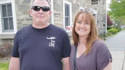 Bob Roche and Patti Coombs of the Pike County Second Amendment Sanctuary Movement at the recent protest against the shutdown in Milford (Photo by Ken Hubeny Sr.)