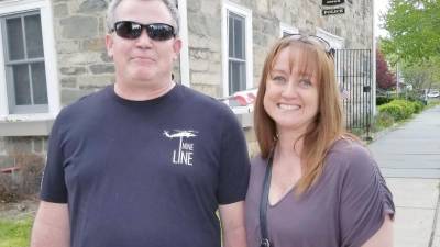 Bob Roche and Patti Coombs of the Pike County Second Amendment Sanctuary Movement at the recent protest against the shutdown in Milford (Photo by Ken Hubeny Sr.)