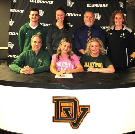 Francine Russo commits to continuing her track and field career at Marywood University. Front row (L-R): Nino Russo, Francine Russo, and Robin Russo. Back row (L-R): Brother Robert Russo, coach Ciara Bergmann, head coach Nick Quaglia, and coach Mikaela Smith.