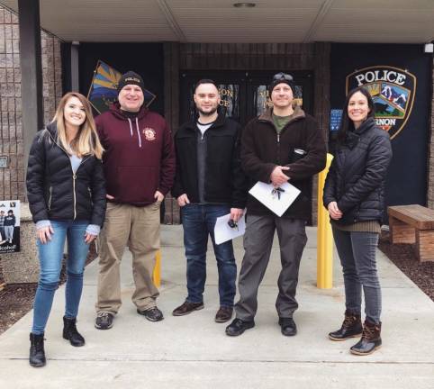 Operation Helping Hand outreach in Vernon - L to R: Abbey Ryan, Center for Prevention &amp; Counseling; Sgt. Shaun Fitzgerald; Ptl. Sean Perry; Ptl. Steve Gentle, Vernon Police; Katie Walker