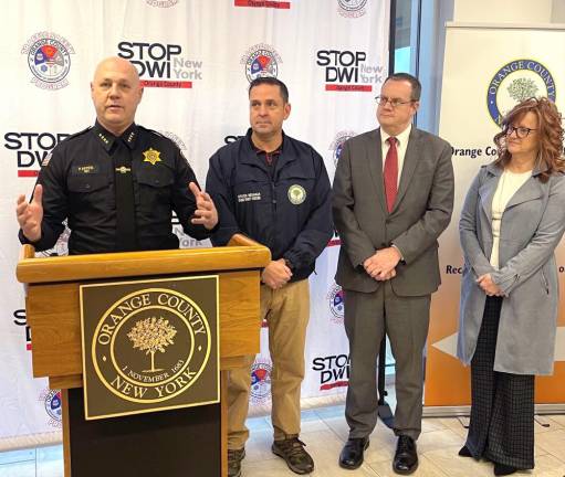Orange County Sheriff Paul Arteta speaks at the “Parents as Driving Partners” news conference on Wednesday, January 31, in front of the Goshen DMV. To Arteta’s left are Orange County Executive Steve Neuhaus, Assistant District Attorney Chris Borek, and County Clerk Kelly Eskew.