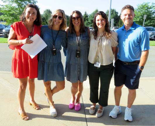 This week also offered the first day of school for Delaware Valley Elementary School staff. Pictured here are Principal Mary Ann Olsommer and faculty members Paige Padgett, Jen Slain, Amanda Lawson and Kevin Quinn.