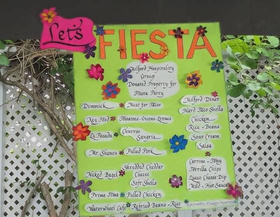 Sign depicting participating restaurants and their menu contributions.