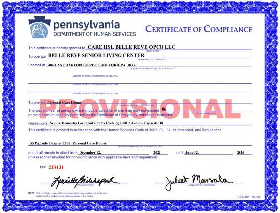 Belle Reve operating on a provisional license