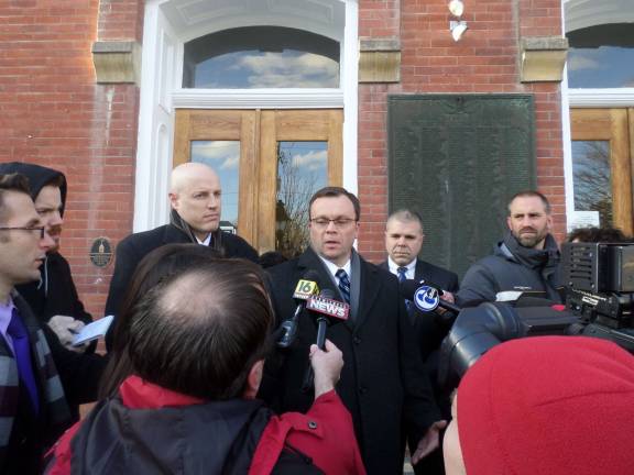 District Attorney Ray Tonkin speaks outside the country courthouse in January following a hearing on accused trooper killer Eric Frein, for whom he's seeking the death penalty. He says he's the best person to prosecute Frein successfully. (Photo by Nathan Mayberg)