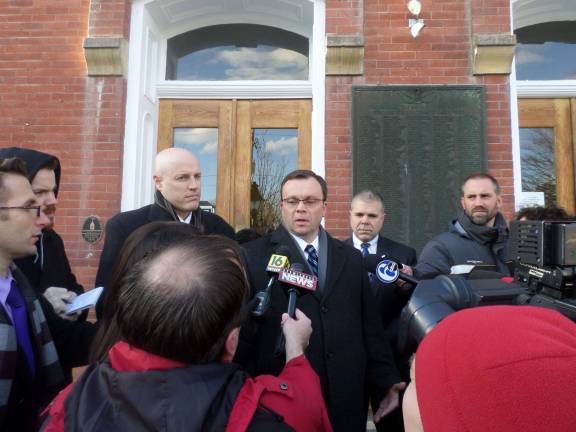 Photo by Nathan Mayberg Pike County District Attorney Ray Tonkin speaks outside the Pike County Courthouse in Milford last January following a hearing for Eric Frein, who is accused of shooting two state troopers.
