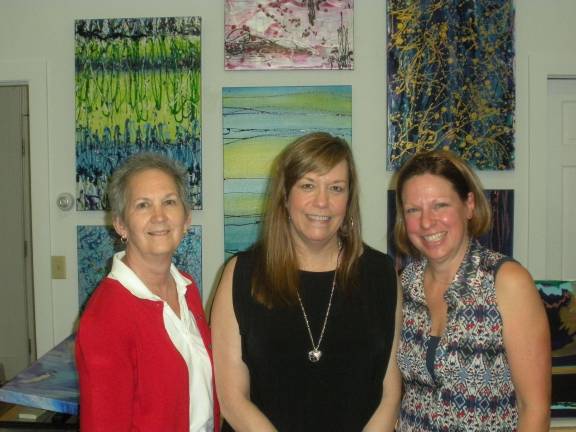 Pictured from left: Sharon Subjin, retired Delaware Valley Shohola Elementary School art teacher out for the viewing; Jan Valentine, artist; and Michelle Fleming, owner of Beveled Edge.