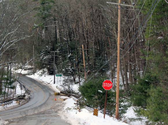 Wires criss-crossed Route 590 on Monday morning (Photo by Pamela Chergotis)