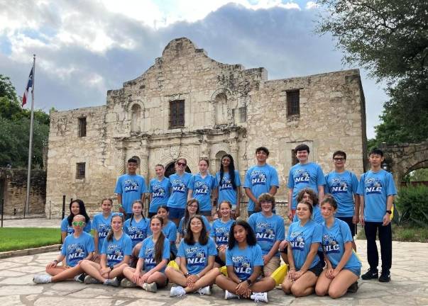 Members of Delaware Valley High School, Delaware Valley Middle School and Dingman Delaware Valley Middle School at the Alamo in San Antonio, Texas, during the Future Business Leaders of America Inc.’s National Leadership Conference. Beginning in the back row, pictured are: Eduardo Arias, Lindsey Smyser, Kim Smyser, Emma Simmons, Vidhi Patel, Joe Benavides, Ryan Warfsman, Mattias Itjen and Geunhyeok Choi; in the middle row are: Patty Chen, Jodie Harrison, Gia Cosentino, Isabella Bailey, Mayah Amici, Maryah Nuhn, Nathan Marx, Jay Hoar, Isabella Faust and Alexandria Tsiattalos; in front are: Grace Holderith, Elizabeth Bailey, Gracie Stoveken, Ava Troup and Skarlet DePutron. Photo provided by Leslie Lordi/Delaware Valley School District.