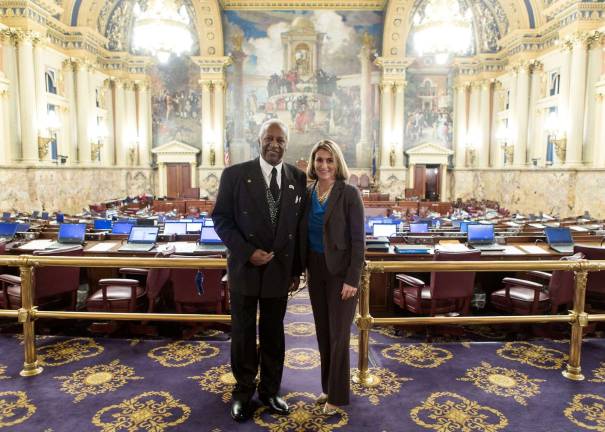 J.T. Carter and Pennsylvania State Representative Rosemary Brown at the State Capitol in Harrisburg on Nov. 12, 2013. Carter was recognized for starting one of the first interracial music groups. The Crests were honored before. In 2000, they were inducted into the United in Group Harmony Association Hall of Fame, and, in 2004, into The Vocal Group Hall of Fame. (Photo provided by Official GOP State Capitol Photographer Aloysius W. Lieb, IV-2013)